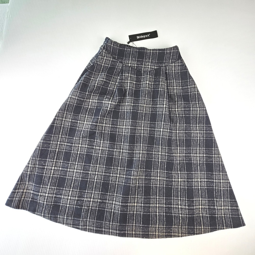 Allegra K Plaid Midi Skirt Navy White Checkered Dark Academia Preppy XS NWT